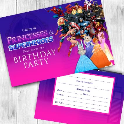 Princess & Superhero Party Invitations & Envelopes Birthday Invites (WRITE ON) Packs. (15 Invites & Envelopes)