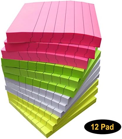 Sticky Note Pads Lined 12 Pads, 3 x 3 Inches, 100 Sheets Per Pad, 4 Bright Colors, Easy Post Notes, Individually Wrapped and Carton Packaging, Green, Yellow, White and Red