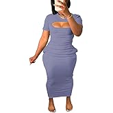 Women's Short Sleeve Dress T Shirt Bodycon Dresses Cut Out Ribbed V Neck Maxi Sundress Party Club Dress with Pocket-Purple-XXL