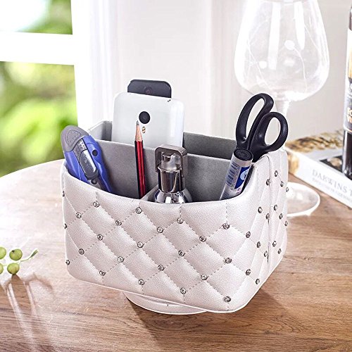 UnionBasic PU Leather 360 Degrees Rotatable Remote Control/Controller Organizer, Spinning TV Guide/Mail/Media Desktop Organizer Caddy Holder (White w/Pearl)