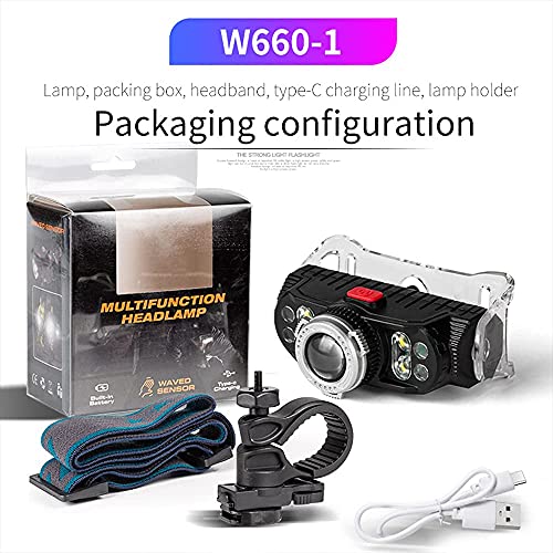 Headlamp, USB Rechargeable LED Head Lamp with Motion Sensor, Waterproof and Dustproof Head Light with 7 Lighting Modes for Camping, Cycling, Fishing, Hiking & Running