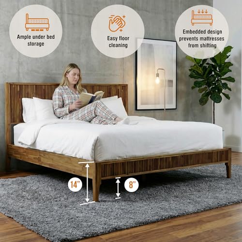 Megsu Bosk King Size Bed Frame with Headboard, Solid Acacia Wood Platform Bed, No Box Spring Need, Fluted Mid-Century Modern Design, Easy Assembly, Compatible with 8-12-14" Mattress Thickness, Walnut