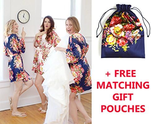American Cuteness Silk Robes &amp; Gift Pouches - Floral Satin Kimono Robe, Bridesmaid Gift, Bachelorette Bridal Party Getting Ready, Wedding Favor (Flower Girl (6-9 Yo), Navy)