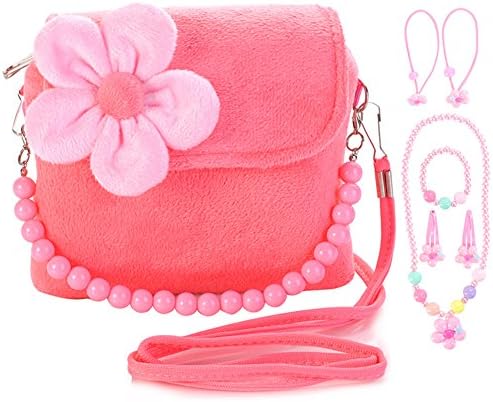 Kids Handbag for Girls,Little Girl Cute Bag Beauty Set Plush Handbag + 2 Hair Clip + ring +Necklace and Bracelet+Elastic Hair Ties (pink)