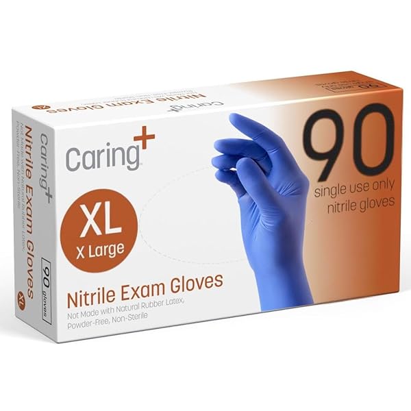 CARING NITRILE EXAM GLOVES (90CT), POWDER FREE AND NOT MADE WITH NATURAL RUBBER LATEX, GLOVES FOR MEDICAL USE, CLEANING, FOOD PREP AND MORE, X-LARGE