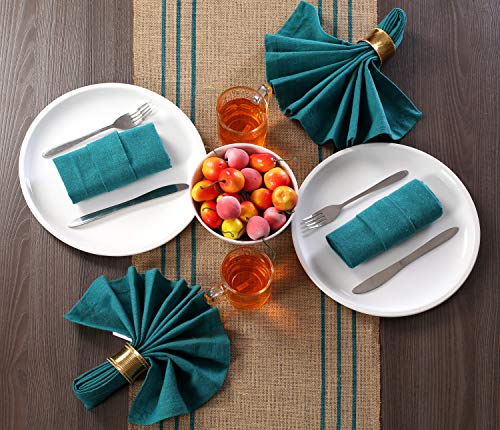 Ramanta Home 2-Pack Rustic Farmhouse Stripe Burlap Jute Table Runners 14x90 Natural with Teal Stripe