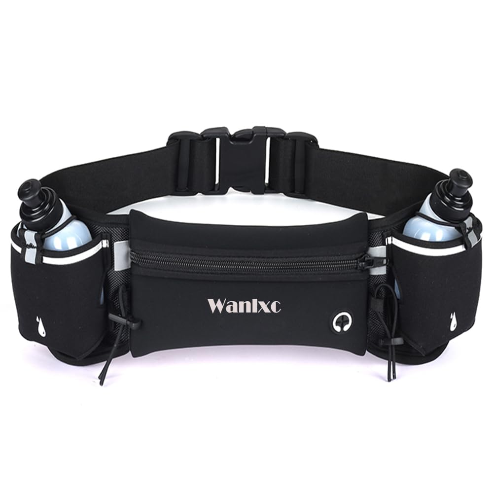 Running Belt with Water Bottles(2 X 175ml/6oz),Wanlxc Hydration Belt Fanny Waist Pack Bag Waterproof Adjustable Sports Waist Pouch for Running Cycling Fitness Training Hiking Exercise (Black)