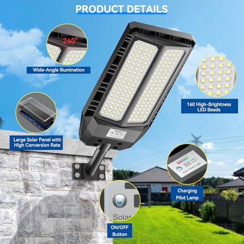 Adewalk 900 W Outdoor LED Solar Street Light with Remote Control, IP66 Waterproof Solar Street Light with Motion Sensor, 6500 K Super Bright Outdoor Garden Lights for Garage Road