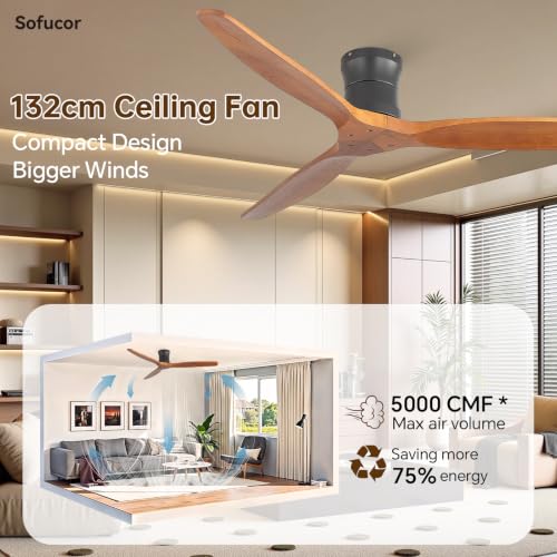 Sofucor 132cm Ventilador de Techo con Mando a Distancia, Madera Maciza Ventilador de Techo sin Luz, Silencioso DC, Temporizador, 3 Temperaturas de Color, 6 Velocidades para Salones