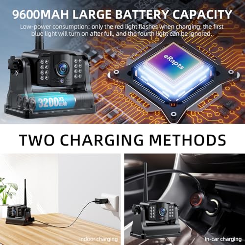 eRapta 2 Magnetic Reversing Cameras Wireless with 7 Inch 1080P Monitor: 9600 mAh Battery 2 Mins DIY Installation & Dual Split Wireless Reversing Camera, IP69K Waterproof Reversing Cameras for Car, Truck, Van