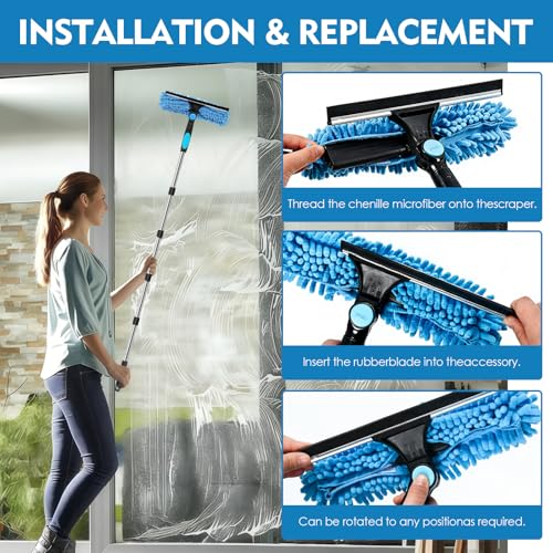 Telescopic Glass Cleaner, 10 Sticks, 0.13-4 m, 180° Rotating Head, Replacement Cloth, Chenille and Brush, for Roofing Terraces, Greenhouses, Skylights, Large Glazed Surfaces | For high windows, shower, car, mirror, microfibre covers, professional quality