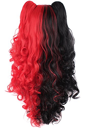 MapofBeauty Multi-color Lolita Long Curly Clip on Ponytails Cosplay Wig (Black/ Red)