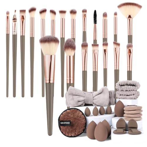 Vicloon Makeup Brush Set, 40 Pieces Professional Makeup Brush Set with Beauty Blender, Powder Puffs, Headband, Premium Brushes Set for Foundation Concealer Brown