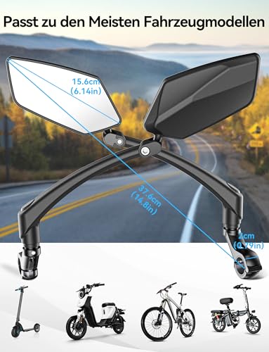 Bicycle Mirror for E-Bike Left, 360° Foldable & Rotatable Bicycle Rear View Mirror, Bicycle Mirror Left for Ebikes with Large Mirror Surface, Long Arm and Impact-resistant Real Glass, E Scooter
