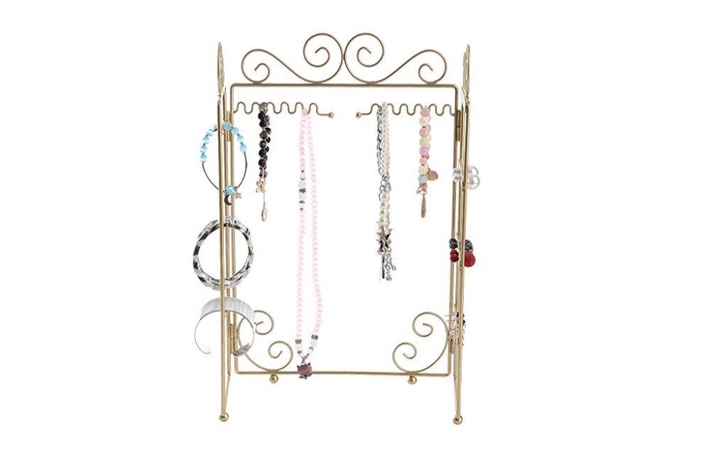 Modern Gold Metal 3 Panel Trellis Folding Jewelry Hanger Organizer for Bracelet, Earrings, Necklace