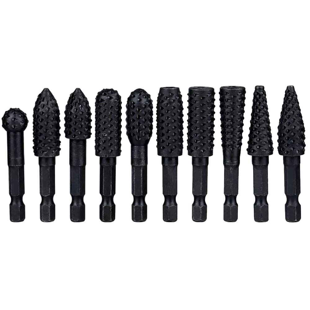 Gasea 10pcs 1/4" Shank Rotary File Drill Bits Wood Carving File Rasp Drill Bits Woodworking Tool
