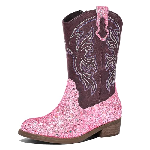 K KomForme Girls Cowgirl Boots Mid Calf Glitter Cowboy Boots Western Round-Toe Riding Shoes (Toddler/Little Kid/Big Kid)