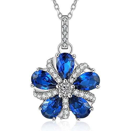 Caperci Pear-Shaped White Cubic Zirconia and Lab-Created Blue Sapphire Pinwheel Pendant Necklace in Sterling Silver