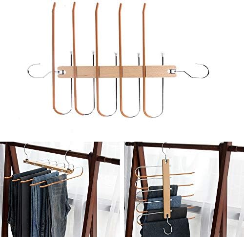 ズボンハンガー スラックスハンガー 5 In1 ズボン収納 木製 多機能 ハンガー ズボン 棚 滑り止めデザイン 携帯用折りたたみ多機能ハンガー 省スペース 木製パンツラック