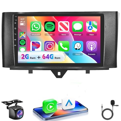 VECHTEL 2G+64G Android 15 Car Radio for Mercedes-Benz Smart Fortwo W451 C451 A451 2011-2015, 9 Inch HD 2.5D Screen Tactile co Carplay Android Car Wireless GPS Wi-Fi USB Bluetooth FM RDS Rear View Camera