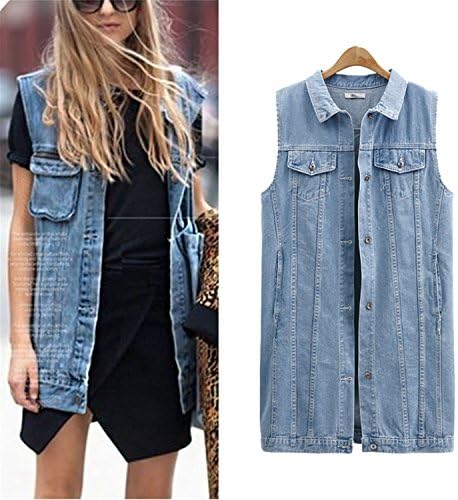 Desirca Denim Vests Spring Women Ripped Medium-Long Summer Waistcoat Turn-Down Collar Coat Sleeveless Denim Jacket Plus Size 5Xl Sky Blue Xxl