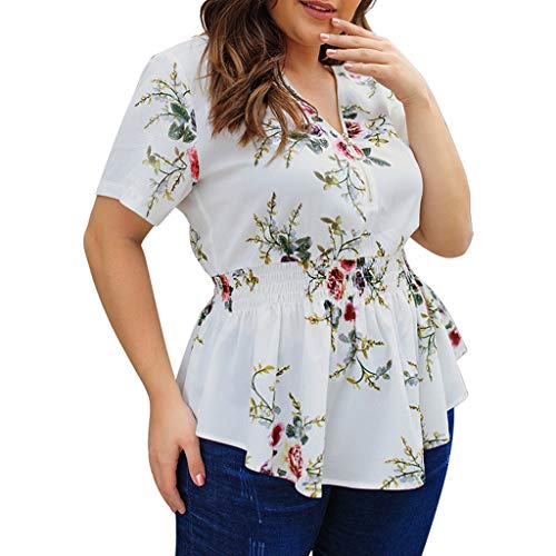 iYBUIA Women Plus Size Loose Short Sleeve Print Top Hem Layed Zipper V-Neck T Shirts Tops White