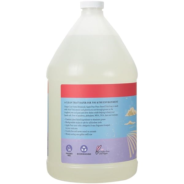GINGER LILY FARMS BOTANICALS PLANT-BASED LIQUID DISH SOAP, CONCENTRATED FORMULA WITH MAX GREASE CLEANING POWER, CRUELTY-FREE, APPLE PEAR SCENT, 1 GALLON REFILL (128 FL. OZ.)