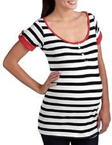 Planet Motherhood Maternity Striped Henley W/Side Ruching, White/Black, Small