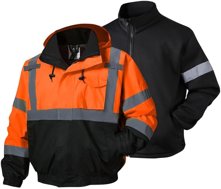 SKSAFETY 3-in-1 High Visibility Winter Bomber Jackets Zip Out Fleece Liner Reflective Safety Coats for men Waterproof ANSI/ISEA Class 3(Orange S) Image