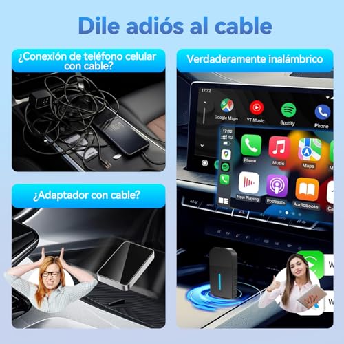 Adaptador Carplay Inalambrico y Android auto, [Integrado 2 en 1] USB y Type-C 5.2 Bluetooth Adapter Auto, Plug&Play, para iPhone y Android, 5GHz WiFi Adaptadores 98% Coches OEM CarPlay con Cable