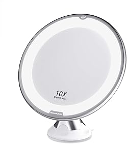 Beautural Espejo de Baño Mujer, Espejo Maquillaje con luz LED Aumento 10X, con Rótulo Giratorio Ajustable y Ventosa,a Pilas 