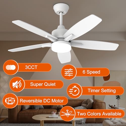 Kemoribe Ceiling Fan with Light and Remote Control, 106 cm LED Lamp Ceiling Fan Dimmable Built-In Lamp, 6 Speed, Silent Wood Effect Blades