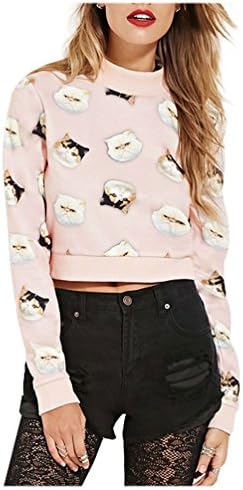 Women Pink Pastel Cute Kitten Cat Lover Pullover Crop Tops Sweatshirts Size S