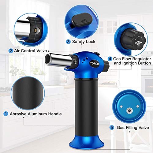 Culinary Blow Torch, UCOFFEE Kitchen Torch Lighter, Butane Refillable, Flame Adjustable (MAX 2370Â°F) for Cooking BBQ Baking Brulee Creme DIY Soldering (Butane Gas Not Included) - Blue