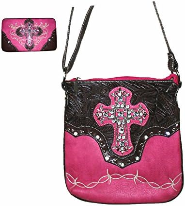 Rhinestone Cross Carved PU Leather Women's Messenger Bag with Matching Wallet (Hot Pink)