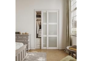 CRUTOP 48" x 80'' Sliding Closet Door, Fingerprint-Resistant 3-Lite Tempered Frosted Glass with Good Privacy & Water-Resistant Frame, Build Quality (Double 25'' Pre-assembled Panels with Hardware Kit)
