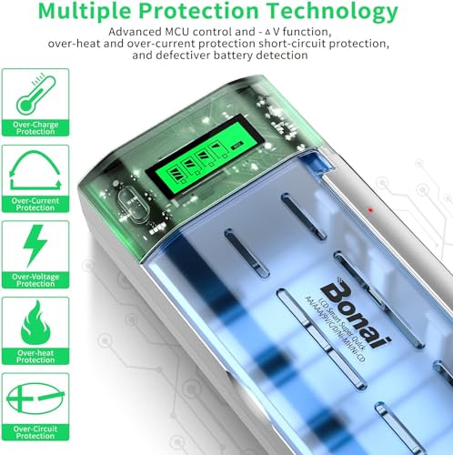BONAI Universal Battery Charger for NI-MH AA AAA C D & Li-Ion 9V Batteries, Quick Charger with LCD Display & Discharge Function, Single Bay Monitoring, 4 Slots