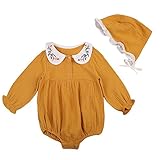 Cute Baby Girl Doll Collar Embroidery Ruffles Long Sleeve Romper Bodysuit with Hat Outfit Fall Clothes (6-12 Months, Yellow)