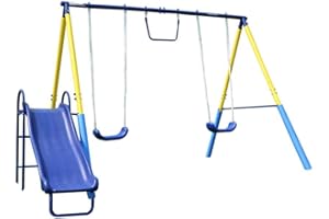 Sportspower My First Metal Swing Set with Slide, 4 Kids Max, Blue, Yellow