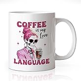 WHTYEFZ Coffee Is My Love Language Pink Skullgirl Coffee Mug, Fashion Coffee Mug Gifts for Mom Aunt Niece Sister Friend Girlfriend Wife Coffee Lover Women, Thank You Retirement Gifts for Coworker Boss