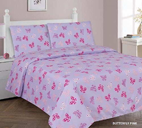 Jenin Kids printed sheet set: Flat &amp; Fitted Sheets with Pillow Cases. Choose from Butterfly, Princess, Dinosaur, Race Car, Sharks, Sailor, Sports Prints Twin or Full (Butterfly Pink, Full)