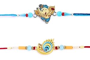 ARTISENIA Rakhi Set of 2 Rakhi for Brother with Raksha Bandhan Greeting Card | Roli Chawal Tika - Raksha Bandhan Designer Kundan Rakhi for Brother & Bhabhi | Rakhi for Bhaiya | Rakhi Thread VRK012