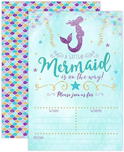 Mermaid Baby Shower Invitation, Blue and Gold Mermaid Baby Shower, Baby Sprinkle Invite, 20 Fill in Invitations and Envelopes