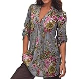 TAORE Women Plus Size Button Down Shirt Vintage Floral Print V-neck Tunic Tops (XXL, Gray)