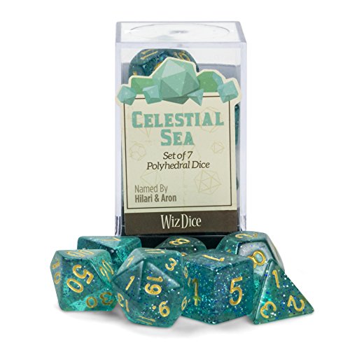 Wiz Dice Celestial Sea Set of 7 Polyhedral Dice, Translucent Turquoise Blue & Silver Glitter Tabletop RPG Dice with Clear Display Box - Thumbnail 6