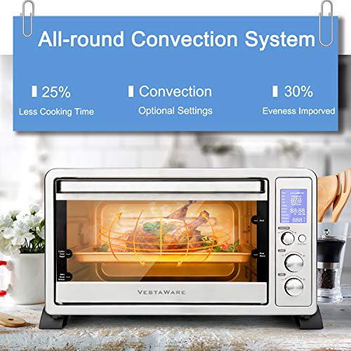 Vestaware Toaster Oven, 27QT Hot Convection & Rotisserie Oven with 10 Presets & 6 Accessories, Baking Pan Broil Rack Rotisserie Fork and Crumb Tray, Non-stick interior, Stainless Steel Countertop Ovens