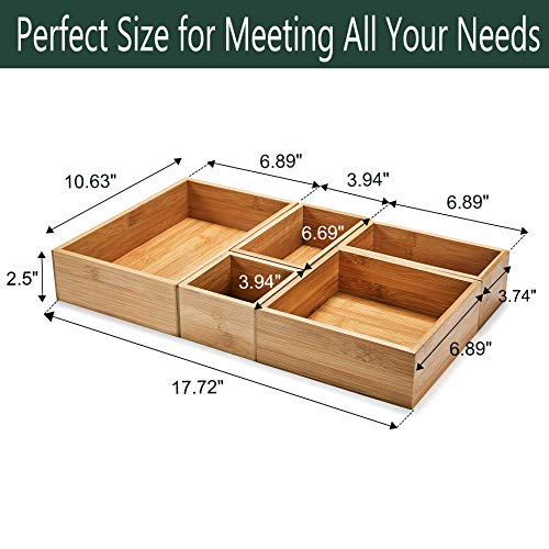5 Piece Bamboo Drawer Organizer Set, Luxury Wooden Desk Storage Box Kit, Multi-use Junk Drawer Organizer for Office, Kitchen, Bedroom, Children Room, Craft, Sewing - Thumbnail 2