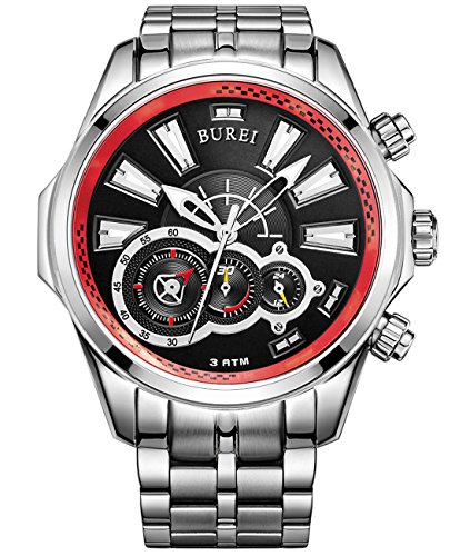 BUREIÂ® Men's Luminous Hands Chronograph Quartz Watch with Link Bracelet, Silver Red Bezel Black Dial
