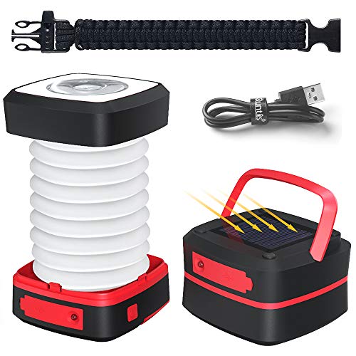 Quntis Rechargeable LED Camping Lantern - Outdoor Solar Powered Camping Flashlight - Mini Torch Hanging Light USB Charging for Hiking Tent Garden Patio Emergencies - Collapsible and Waterproof - Red