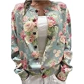 ALPSWARE Women Oversize Sweater Cardigan Long Sleeve Print Rose Garden Blouse Pattern Crew Neck Shrug Shirt